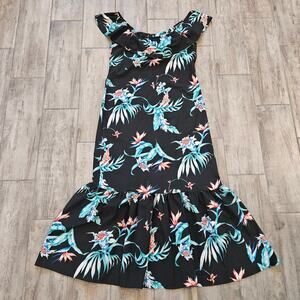 Vintage Holo Holo Hawaiian Dress Womens 16 Black Tropical Floral Maxi Luau